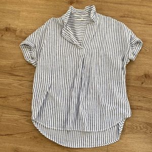 Blue and White Linen-Blend Blouse